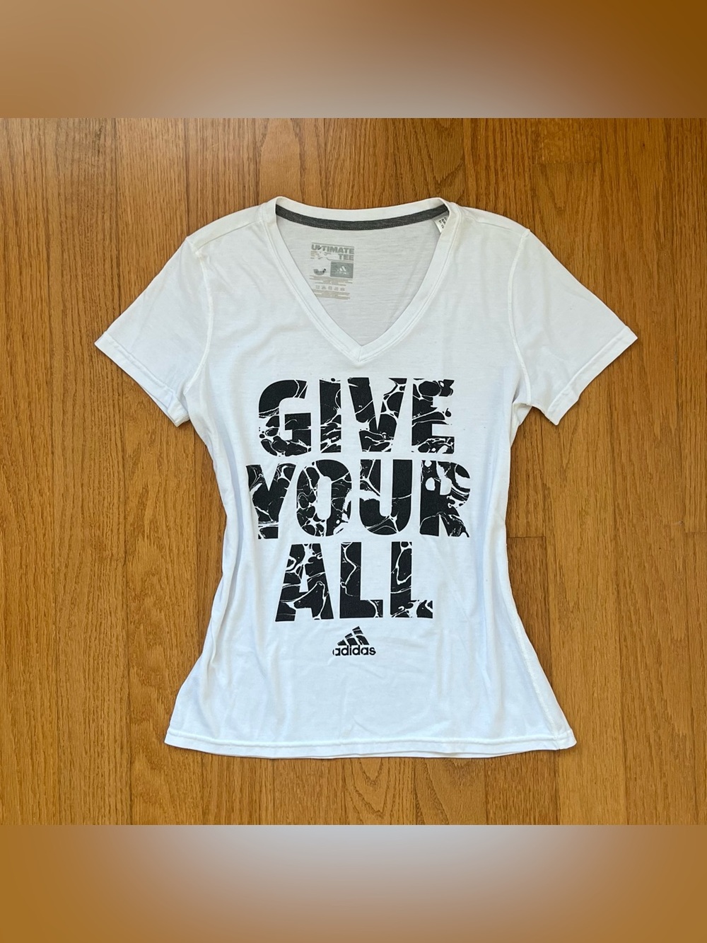 Adidas white v-neck t-shirt with black 'give your all' graphic size S